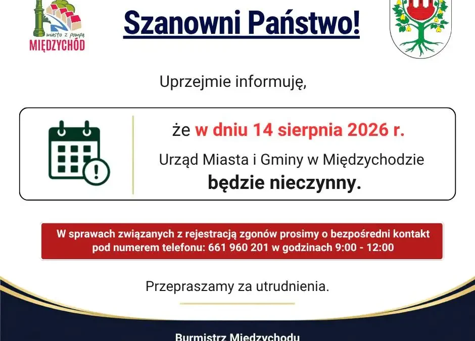 Urząd Miasta i Gminy w Międzychodzie nieczynny 14 sierpnia – ważne informacje dla mieszkańców