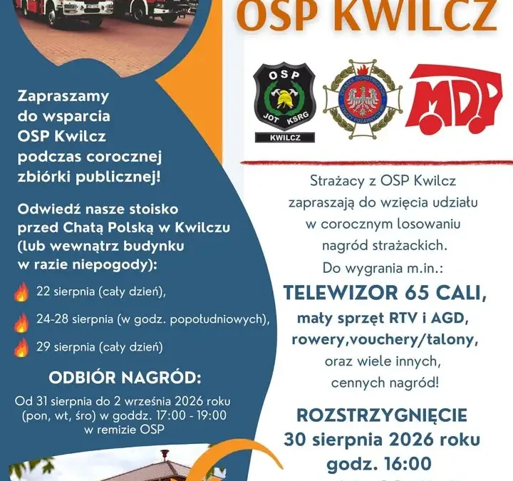 OSP Kwilcz zaprasza na zbiórkę i losowanie nagród – do wygrania telewizor i rowery