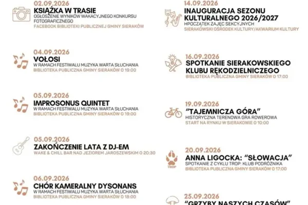 Wrześniowy kalendarz kulturalny w Sierakowie: koncerty, spotkania i gry terenowe