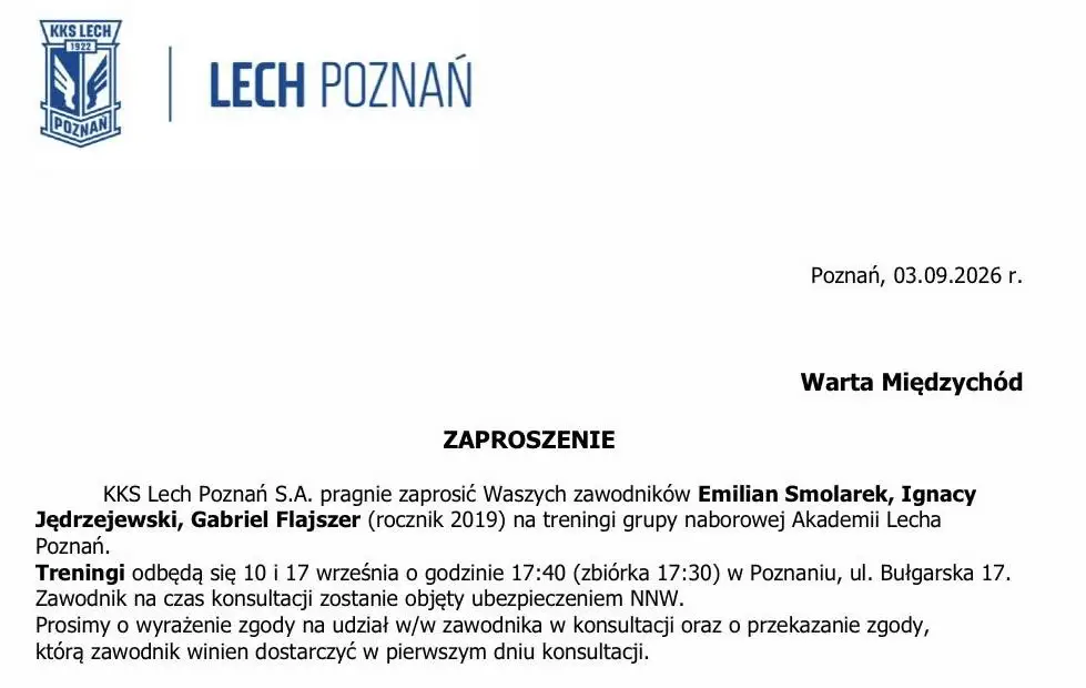 Trzech zawodników Warty Międzychód z zaproszeniem do Akademii Lecha Poznań
