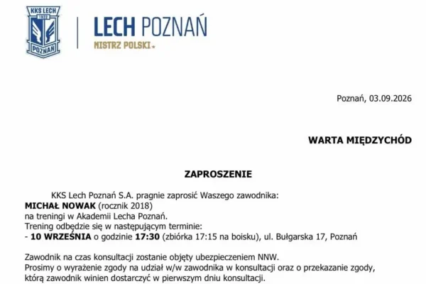 Młody talent z Międzychodu zaproszony na treningi Akademii Lecha Poznań