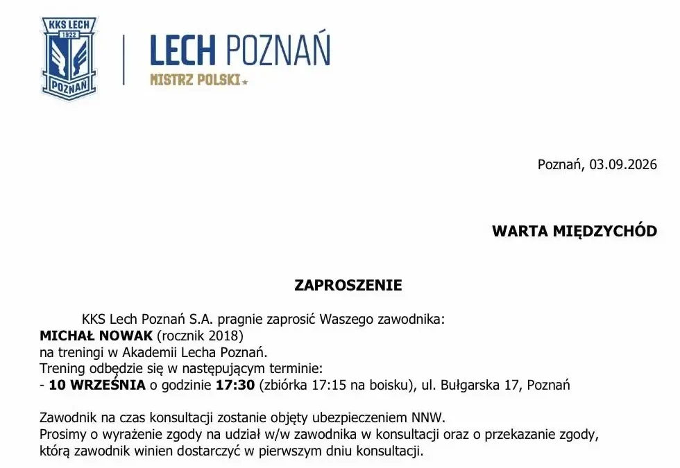 Młody talent z Międzychodu zaproszony na treningi Akademii Lecha Poznań