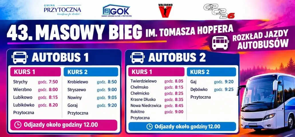 43. Masowy Bieg im. Tomasza Hopfera w Przytocznej – darmowe autobusy dla kibiców i biegaczy