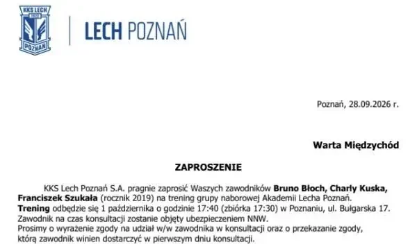 Trzech młodych zawodników Warty Międzychód z zaproszeniem na trening Akademii Lecha Poznań