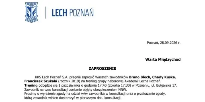 Trzech młodych zawodników Warty Międzychód z zaproszeniem na trening Akademii Lecha Poznań